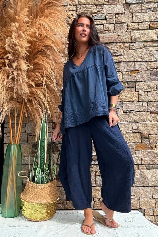 Prairie Pin Tuck Cotton Smock Navy